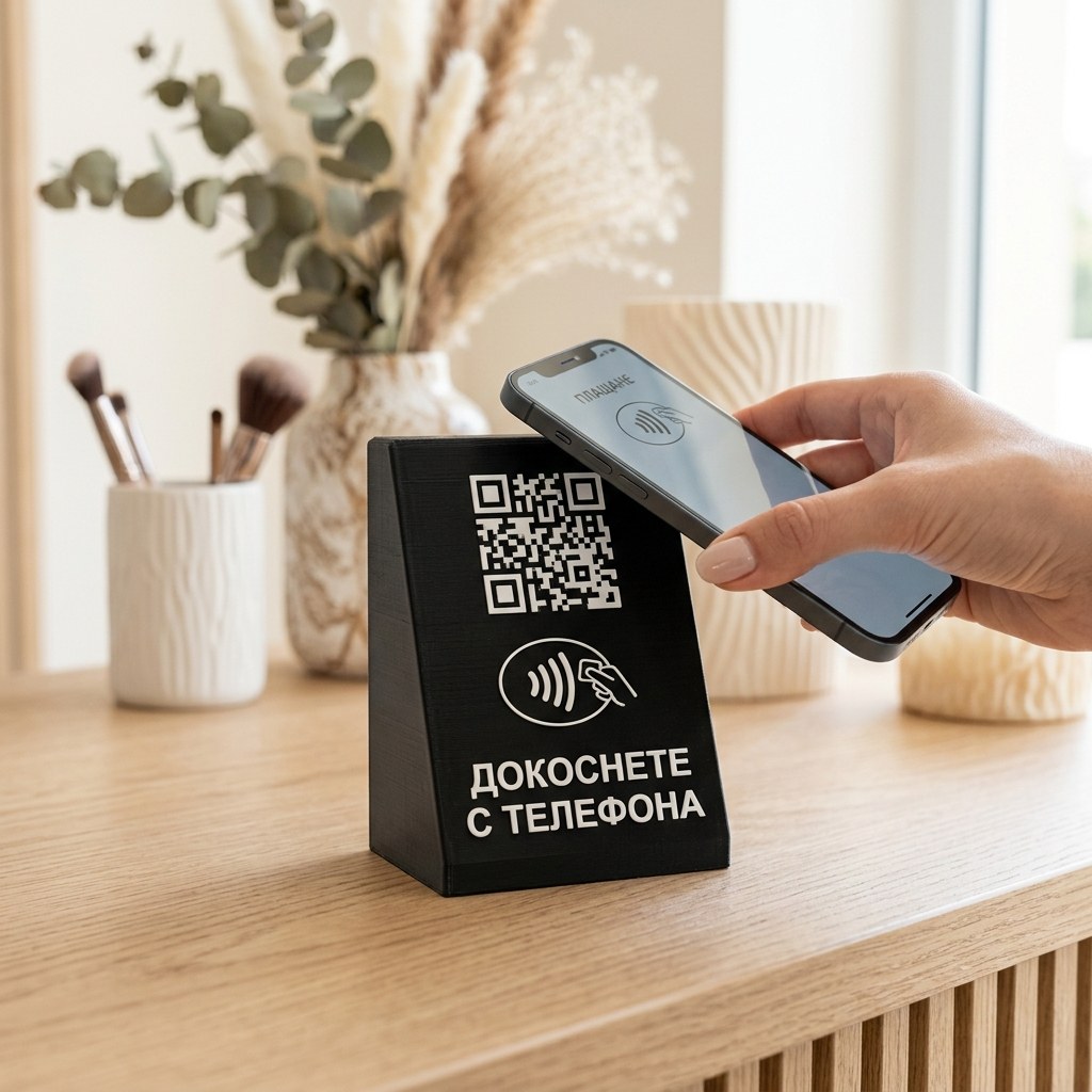 NFC + QR стойка за отзиви (докосни с телефона)