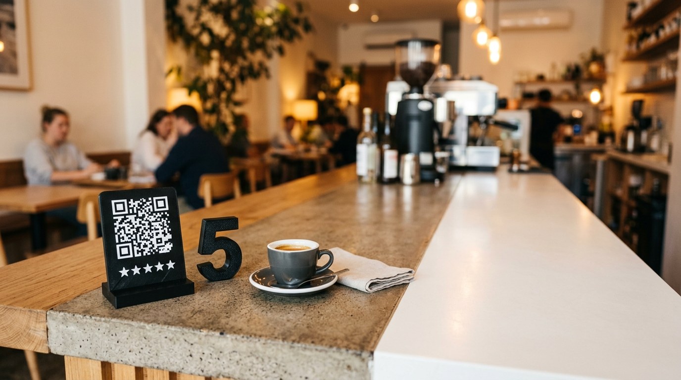 QR стойка за Google отзиви на бара на кафене